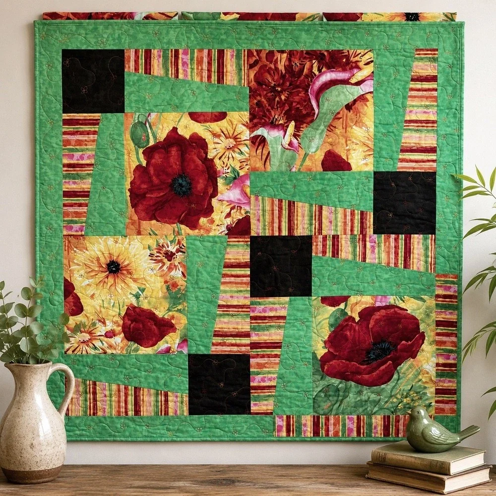 Handmade Floral Quilt Wall Hanging 40x40 Modern Art Quilt Decor